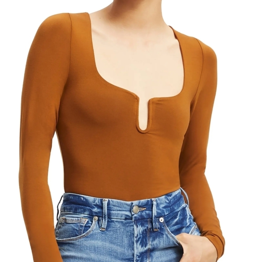 Good American  U Ring Square Neck Long Sleeve Bodysuit Burnt Caramel GB0427NA 0